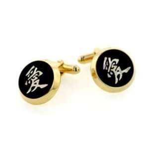  Yellow gold plated onyx cufflinks etched with the Chinese word 