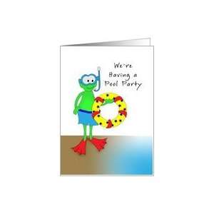 Pool Party Invitation Greeting Card with Frog, Snorkel, Inner Tube 