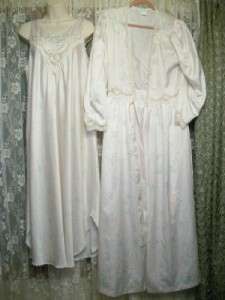   Long PEARLS & LACE SATIN Floral NIGHTGOWN & ROBE SET lot~M/L~  