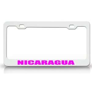 NICARAGUA Country Steel Auto License Plate Frame Tag Holder White/Pink