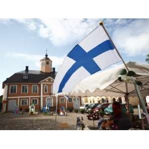 Finnish Flag and Medieval Town Hall, Old Town Square, Porvoo, Uusimaa 