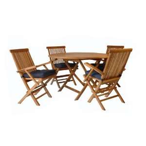  Teak Round Dining Folding Table & Armchairs Set (5 Pcs 