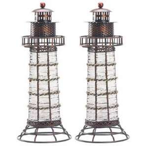  Set of 2 Beaded Lighthouse Light house Candle Holder 