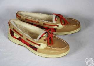SPERRY Top Sider Angelfish Linen / Red Plaid Shearling Womens Boat 