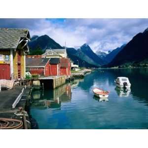 Quayside Buildings and Boats on Fjord, Fjaerland, Norway Photographic 