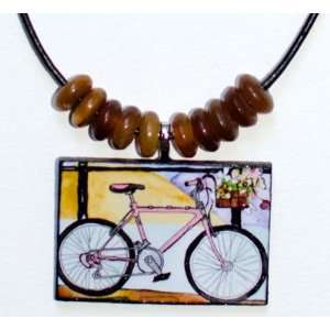  Bicycle Necklace Watercolor Art Wood Pendant Pink Bike 