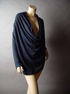 NAVY BLUE Plunging Low Cut Draping Cowl Neck Urban Casual Loose Top fp 
