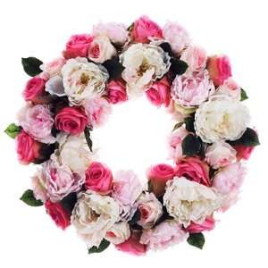  21 Silk Peony & Rose Flower Hanging Wreath  Pink/Cream 