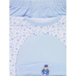 Baby Boy Blue Cotton Pants, Bodysuit & Cap Set with Embroidered Prince 