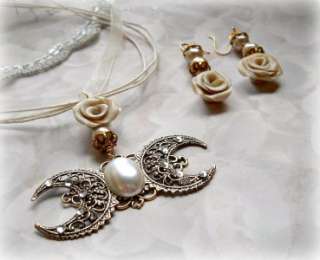   Victorian vintage style antique gold pearl Triple Moon set, wiccan