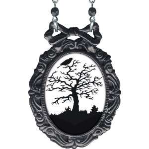   Black Enamel Pendant Necklace Haunted Tree w/ Raven Tattoo Art 17 20