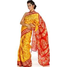   Yellow and Red Batik Sari from Kolkata   Pure Silk 