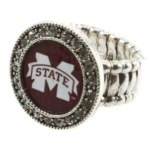 MSU, Silver toned stretch band ring with crystal rhinestones 