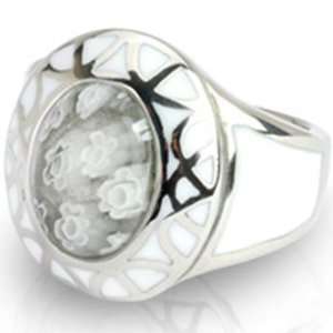   316L Stainless Steel White Murano Cast Multi Flower Glass Vine Ring