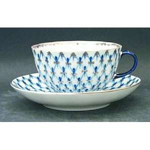  Lomonosov Cobalt Net Flat Cup & Saucer Set, Fine China 