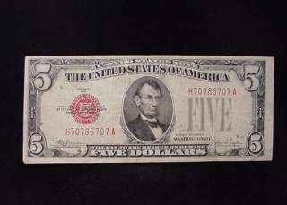 Series 1928 $5 Red Seal US Legal Tender Note Ave Circ  