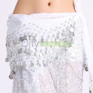 Belly Dance Hip Skirt Scarf Wrap Belt With 128 Silver Coins White 