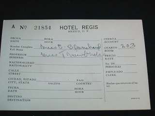   Hotel Registration Card, Hotel Regis, Mexico, D.F. Circa 1930s