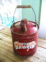 vtg small GASOLINE red gas can wooden handle paper lbl  