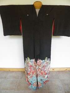   JAPANESE Antique RARE YUZEN DYEING BLACK Family Crest Kimono  