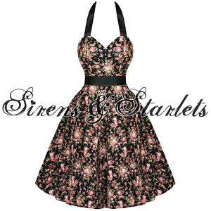 BLACK PINK FLORAL 50S SWING PARTY PROM TEA SUN DRESS  