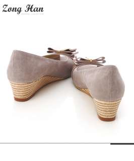   Elegant Ribbon Synthetic Leather Wedge Shoes in Taro or Light Beige