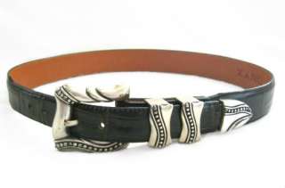 Expresso brown crocodile embossed leather belt with silvertone metal 