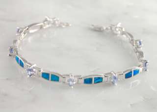 Sterling Silver Blue Opal Tanzanite CZ Tennis Link Bracelet Inlay 