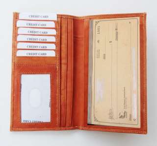 Tan/Light Brown Leather Slim Cowhide Checkbook Cover Organizer Wallet 