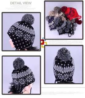 Cute Earflap BEANIE pom Knit Crochet Nordic Winter Cap Women Black Red 