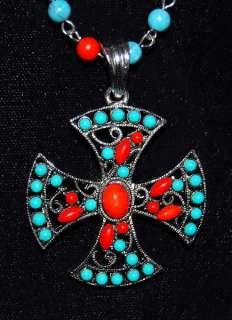 WILD Maltese Red & Turquoise Cross Pendant Bead Chain  