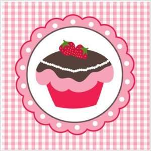   Art   15 x 15   Strawberry Topped Cupcake on a Pink Plaid Background