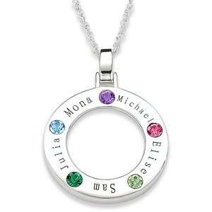   Sterling Silver Family Name & Birthstone Disc Pendant 