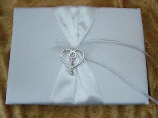New White Satin Rhinestone Heart Wedding Guest Book  