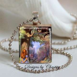 Vintage Alice in Wonderland Cheshire Cat Colorful Art Scrabble Charm 
