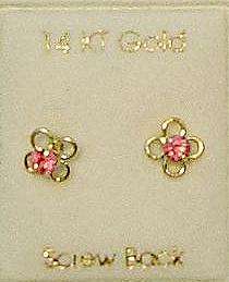 14k Gold/3mm Pink Flower Baby Ball Stud Earrings Free S  