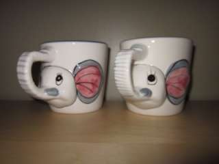 Set of 2 ELEPHANT Ceramic Coffee MUGS Hand Painted Whimsical Mug 