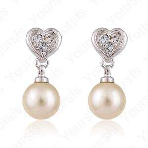 18K White GP Swarovski Crystal heart Pearl Drop Earring  