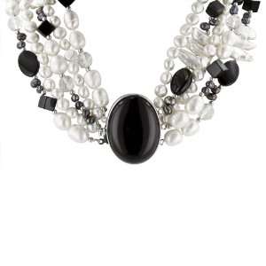  4 Row Black Agate, Rock Crystal and Freshwater Pearl 