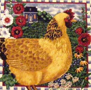 OOP Novelty Chicken Farm Quilt Fabric Panel 14 x 14  
