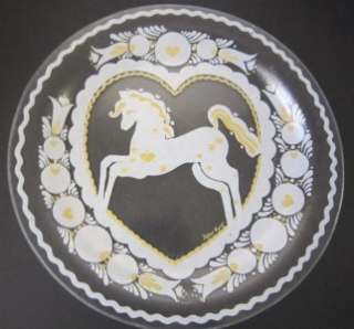 Vtg Peter Hunt Folk Art Glass Rocking Horse in Heart Flower Plate 