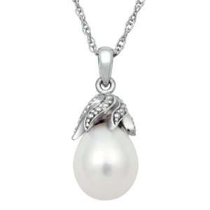   with Sterling Silver Leaf Cap and Diamond Accent Pearlzzz Jewelry