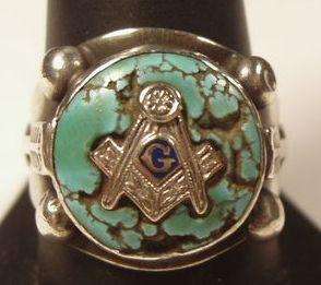 Sterling Silver Turquoise Southwestern Masonic Mens Ring  