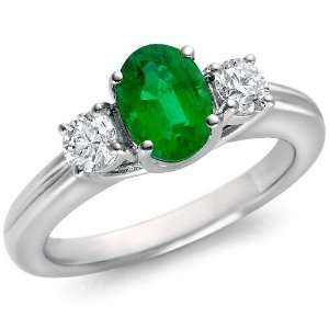  Sterling Silver Oval Emerald & Diamond 3 Stone Ring (1/2 