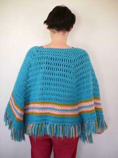 Vtg 70s Handmade Crochet Granny Shawl Cape Poncho  
