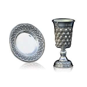 Silver Plated Squared Kiddush Cup and Saucer Set    Diamonds and Ropes