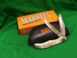 Marbles pocket knife Scrimshaw bone handle Lg Hunter black case Free 
