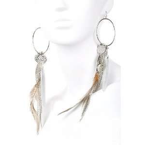  Unique AMI XX Large Beige/Gray Feathers Hoop Earrings with 