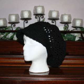 Hand crocheted black rasta slouch hat w/ visor   NEW  