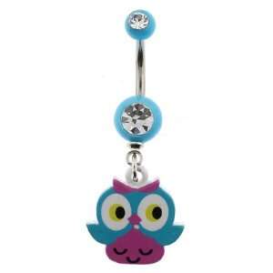   Ring with Blue Acrylic Balls and Clear CZ with Cartoon Owl Dangling